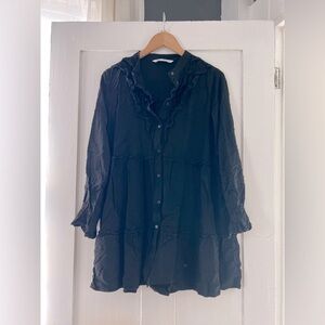Zara Women’s Black Button Front Swiss Dot Long Sleeve Tiered Tunic Size Large